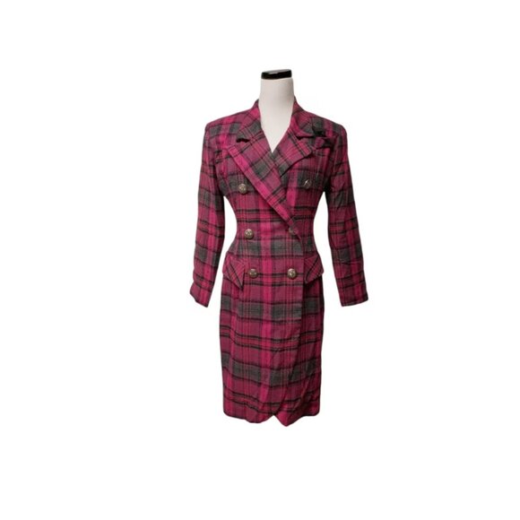 80s Irresistible by Sue Eng pink and gray plaid blazer dress . size 9 / 10 - Picture 1 of 6
